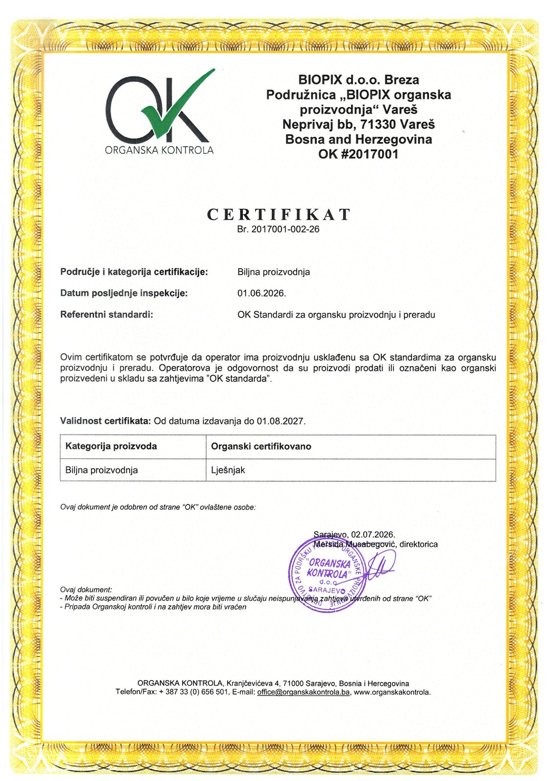 Organski certifikat BIOPIX d.o.o.